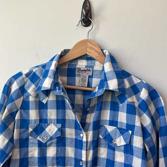 Wrangler Pearl Snap Royal Blue Buffalo Check Western button down Shirt M - Picture 2 of 8